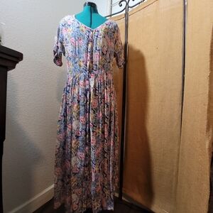 VTG Atlast & Co Multicolored Short Sleeves Pleated Florar Maxi Dress Sz Small